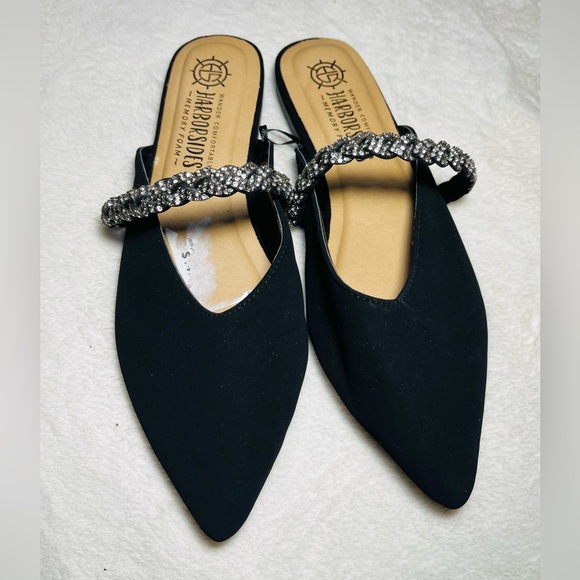 Harborside Shoes - Harborsides Black Women’s Suede Mules with Rhinestone Strap Sz 6.5